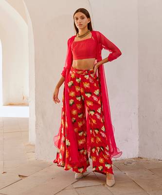 Chilly red chiffon organza jacket with crop top and culottes set 1
