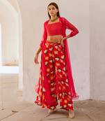 Chilly red chiffon organza jacket with crop top and culottes set