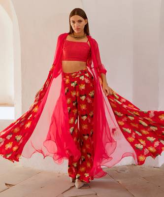 Chilly red chiffon organza jacket with crop top and culottes set 2