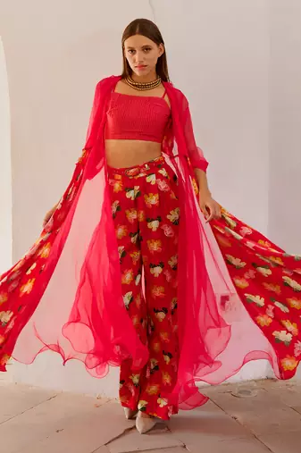 Chilly red chiffon organza jacket with crop top and culottes set