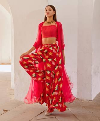 Chilly red chiffon organza jacket with crop top and culottes set 3