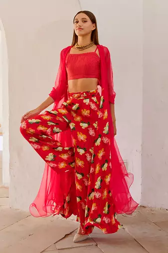 Chilly red chiffon organza jacket with crop top and culottes set