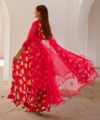 Chilly red chiffon organza jacket with crop top and culottes set 4