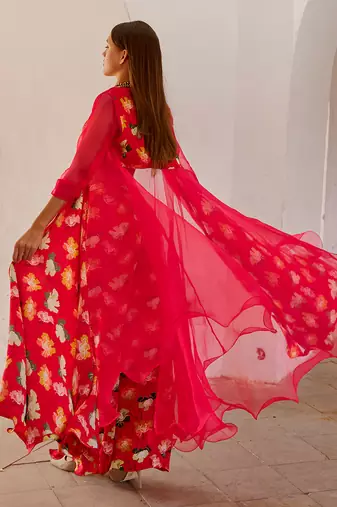 Chilly red chiffon organza jacket with crop top and culottes set