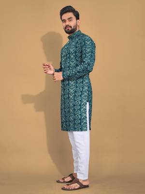 Teal printed cotton straight kurta 1