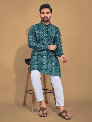 Teal printed cotton straight kurta 2