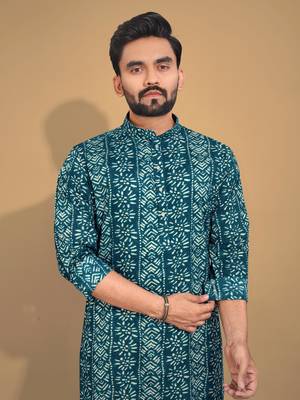 Teal printed cotton straight kurta 3