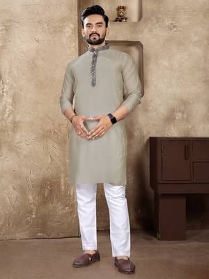 Grey linen silk straight kurta 1