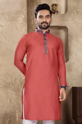 Peach linen silk straight kurta