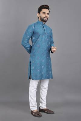 Blue weaving linen cotton straight kurta 1