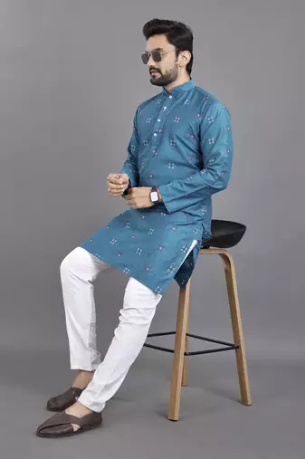 Blue weaving linen cotton straight kurta