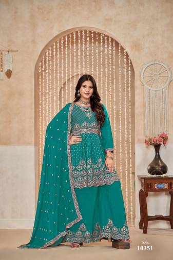 Green embroidered chinon silk semi stitched palazzo suit