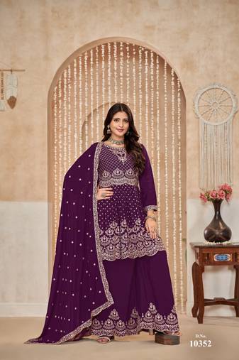 Purple embroidered chinon silk semi stitched palazzo suit