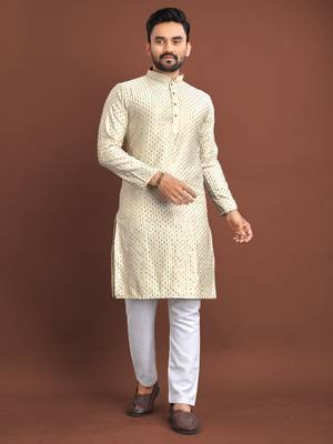Cream Silk Traditional Kurta Pajama Set 1