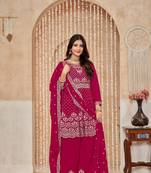 Rani pink embroidered chinon silk semi stitched palazzo suit