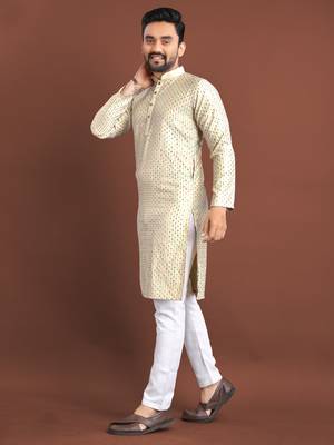 Cream Silk Traditional Kurta Pajama Set 2