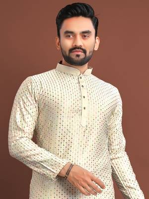 Cream Silk Traditional Kurta Pajama Set 3