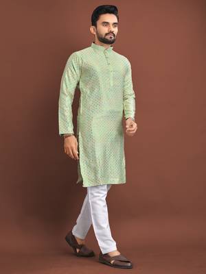 Light green embroidered silk straight kurta 2