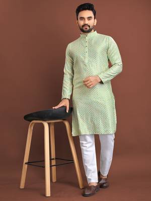 Light green embroidered silk straight kurta 3