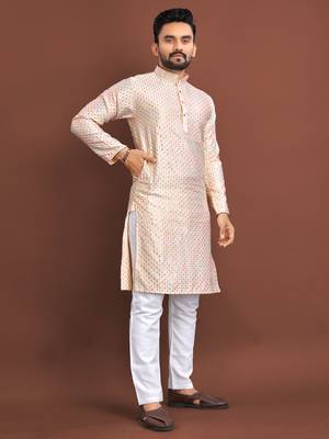 Peach embroidered silk straight kurta 1