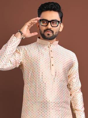 Peach embroidered silk straight kurta 3