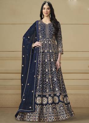 Designer navy blue faux georgette embroidery anarkali suit 1