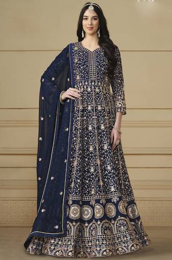 Designer navy blue faux georgette embroidery anarkali suit