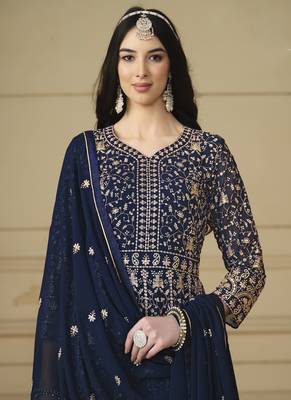 Designer navy blue faux georgette embroidery anarkali suit 4
