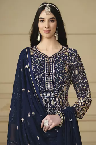 Designer navy blue faux georgette embroidery anarkali suit