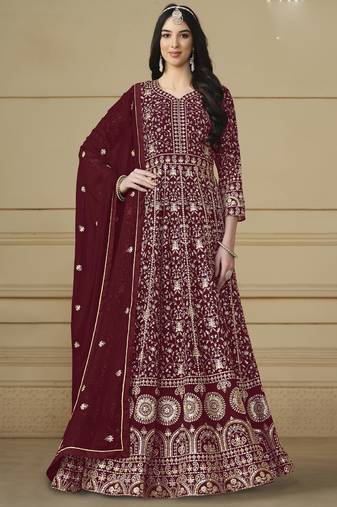 Designer maroon faux georgette embroidery anarkali suit