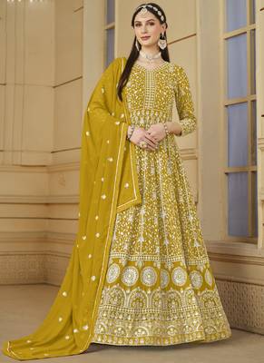 Designer yellow faux georgette embroidery anarkali suit 1