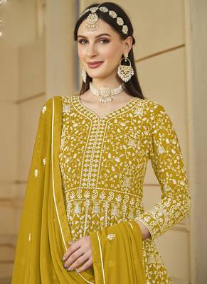 Designer yellow faux georgette embroidery anarkali suit 2