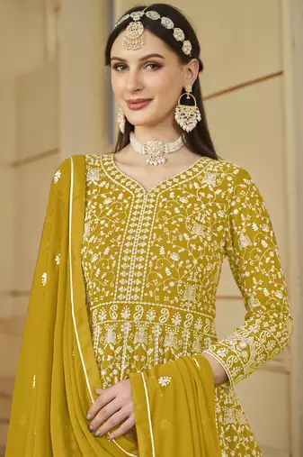 Designer yellow faux georgette embroidery anarkali suit