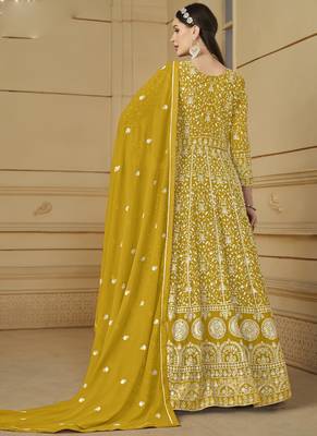 Designer yellow faux georgette embroidery anarkali suit 3