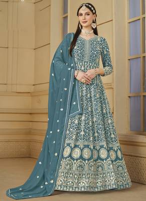 Designer grey faux georgette embroidery anarkali suit 1