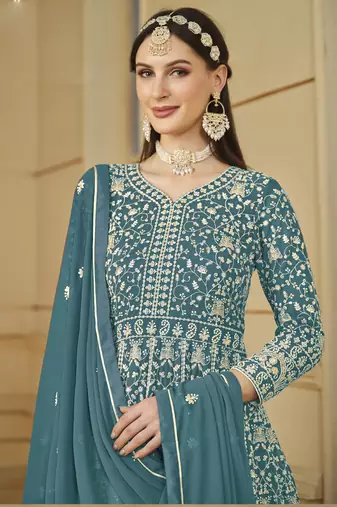 Designer grey faux georgette embroidery anarkali suit