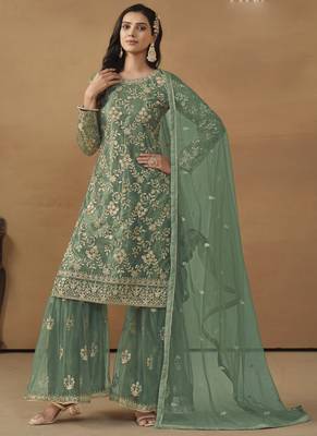 Light green net embroidered sharara suit 1