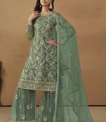 Light green net embroidered sharara suit