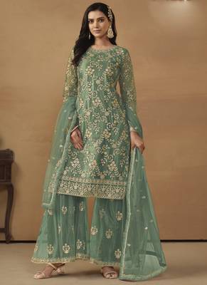 Light green net embroidered sharara suit 2