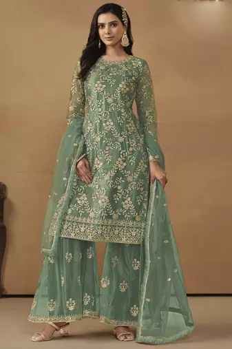 Light green net embroidered sharara suit