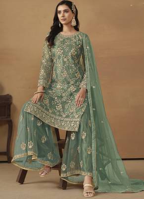 Light green net embroidered sharara suit 3