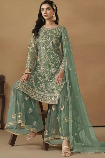 Light green net embroidered sharara suit