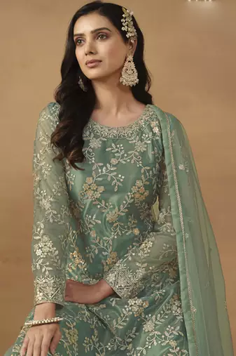 Light green net embroidered sharara suit