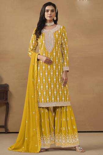 Designer yellow faux georgette embroidery sharara suit