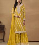 Designer yellow faux georgette embroidery sharara suit