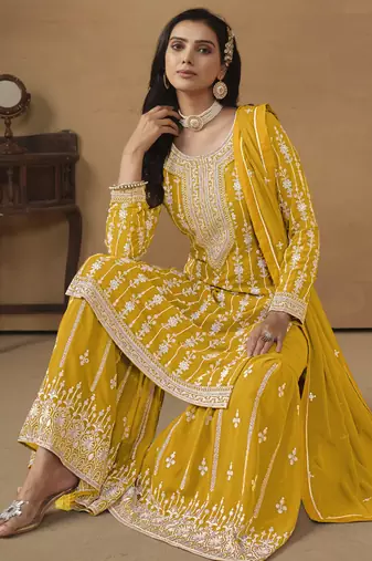 Designer yellow faux georgette embroidery sharara suit
