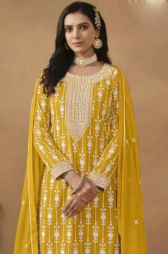 Designer yellow faux georgette embroidery sharara suit