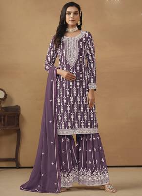 Designer purple faux georgette embroidery sharara suit 1
