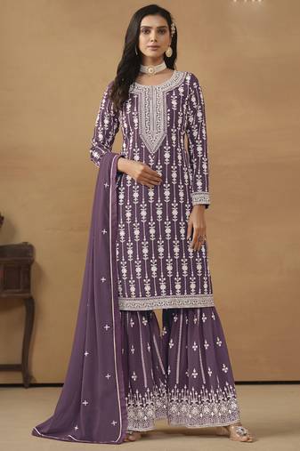 Designer purple faux georgette embroidery sharara suit