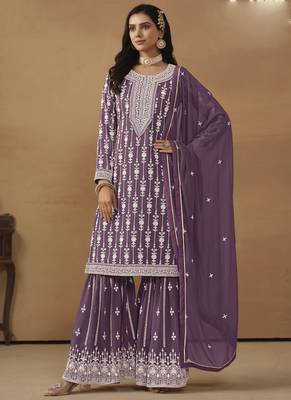 Designer purple faux georgette embroidery sharara suit 2